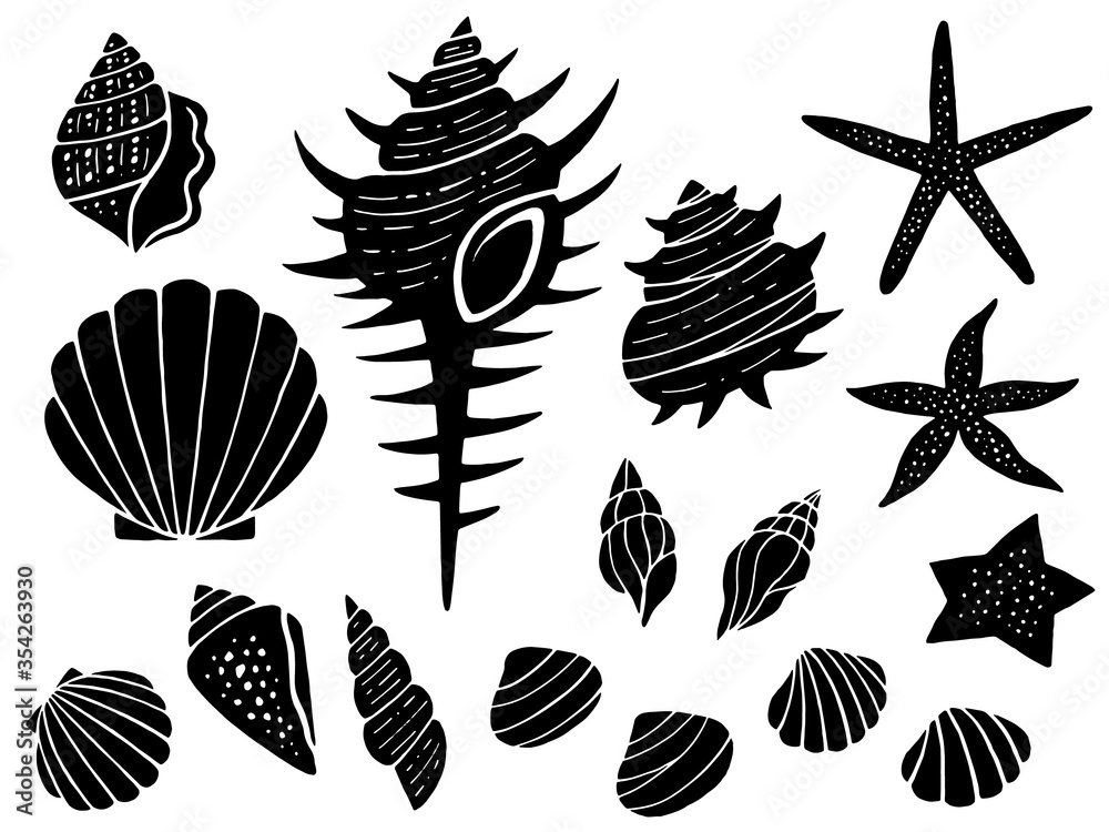 貝殻とヒトデのシルエットイラストセット Stock Vector Adobe Stock