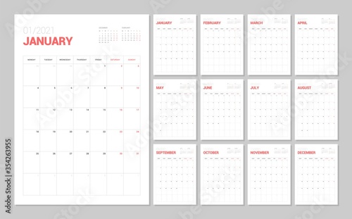 Wall calendar template for 2021 year. Planner diary in a minimalist style. Week Starts on Monday. Monthly calendar ready for print.