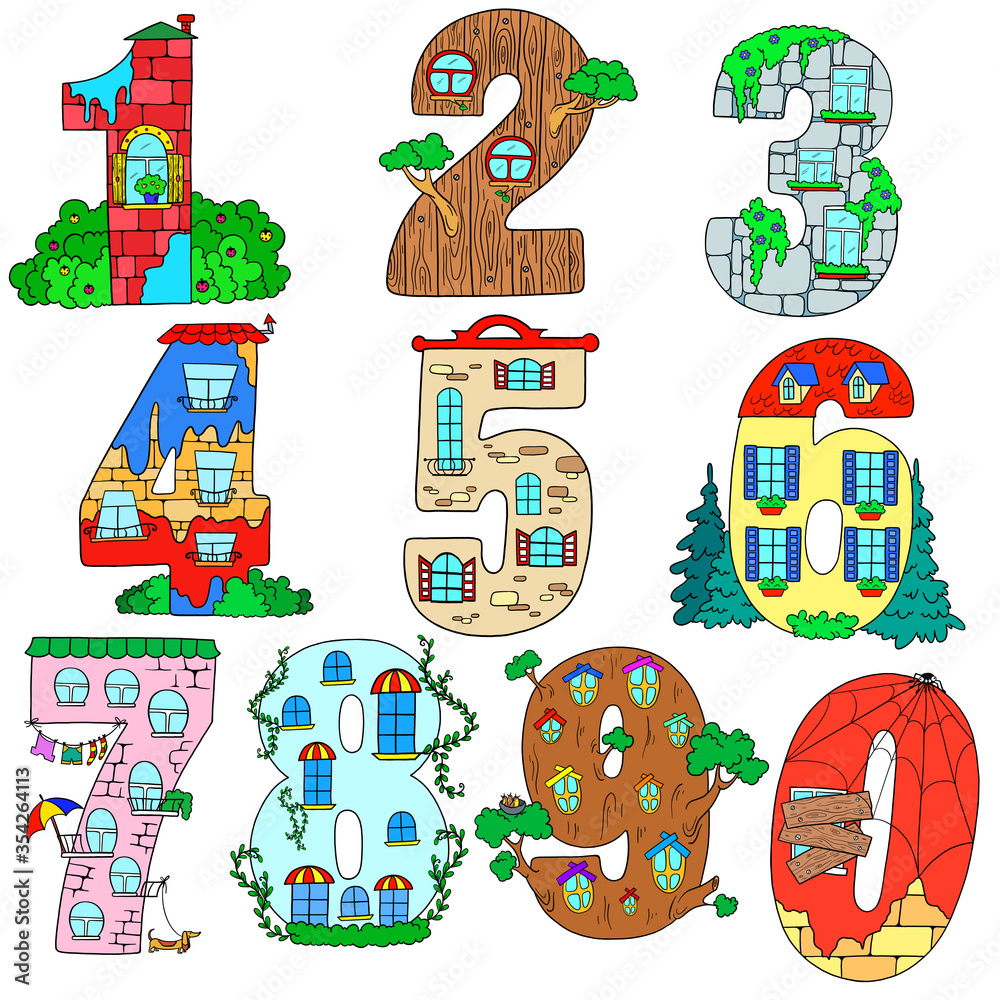Naklejka premium Collection of decorative numbers. Count the windows. Learning the numbers. Educational cards. Vector isolated.