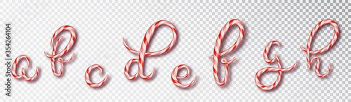 Christmas candy cane lettering. Font set with caramel letter - a, b, c d, e, f, g, h . Sweet 3d alphabet isolated . Vector illustration 10 EPS