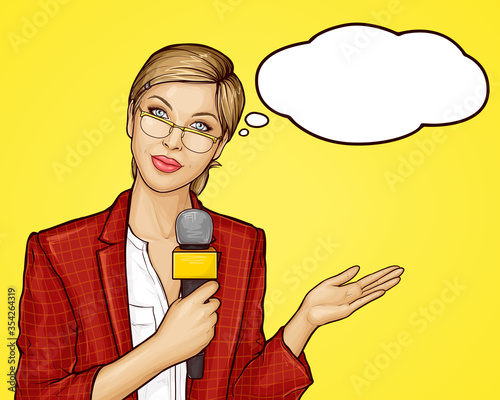 Pop art beautiful female TV reporter broadcasts live. Young woman journalist, presenter in jacket and glasses holding microphone in hand. Vector illustration on yellow background in retro comic style.