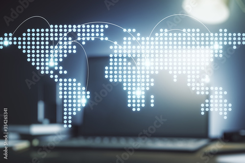Abstract creative world map with connections on modern laptop background, international trading concept. Multiexposure © Pixels Hunter