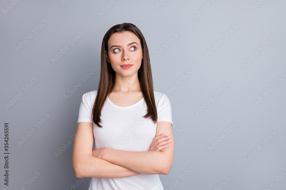Portrait of minded interested girl worker cross her hands look copyspace think thoughts decide choose plans wear style stylish trendy clothes isolated over gray color background