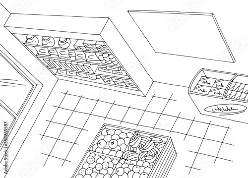 Grocery store shop interior top view from above aerial black white graphic sketch illustration vector