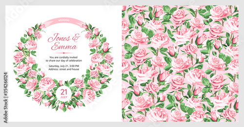 Cover of wedding invitation and seamless pattern. Pink Roses isolated on white background.