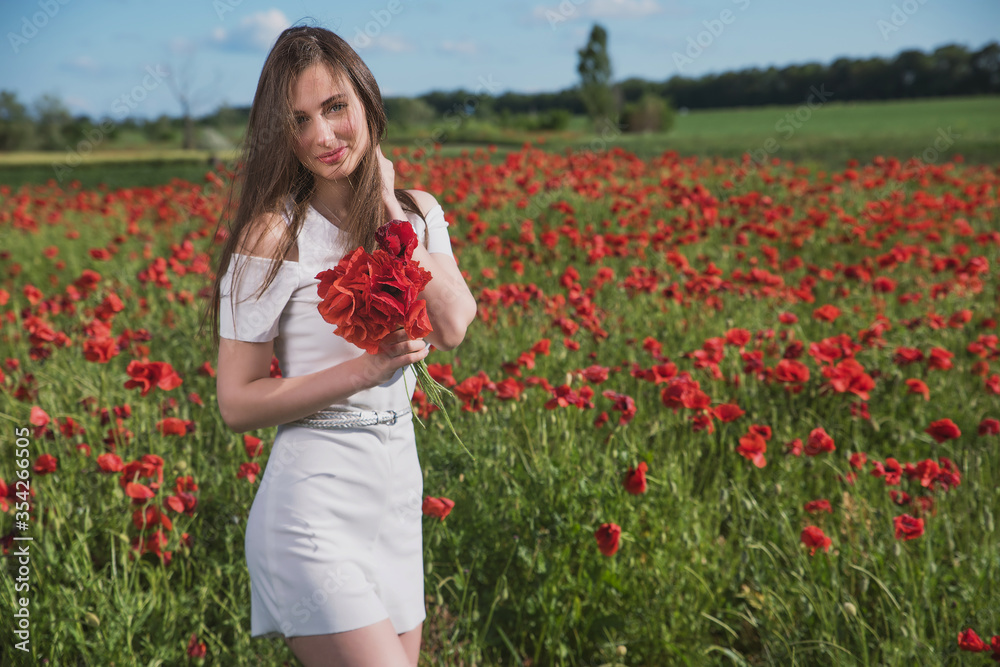 A dark, stylish, slender girl poses against the background of a poppy field with her hair flowing in the wind in the warm rays of the summer sun A dark, stylish, slender girl poses against the background of a poppy field with her hair flowing in the wind in the warm rays of the summer sun