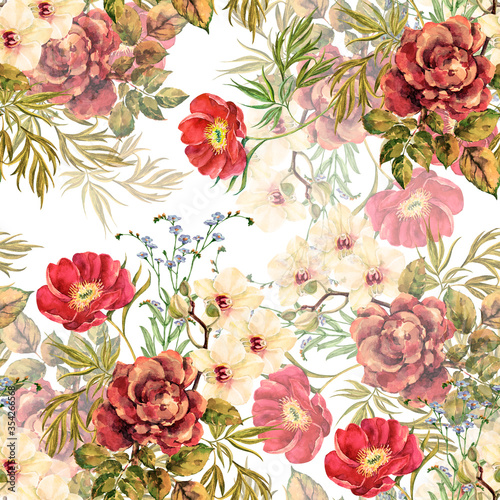 Wallpaper Mural Bouquet different garden flowers painting in watercolor. Peony, orchid and blue flowers on white background. Floral seamless pattern for fabric. Torontodigital.ca