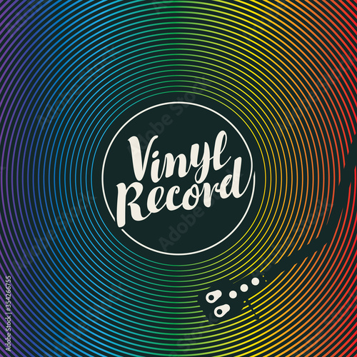 Vector music banner with rainbow vinyl record, record player and calligraphic inscription. Suitable for music poster, flyer, card, brochure, invitation, cover