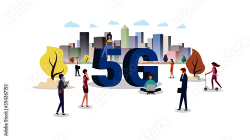 People with gadgets use high-speed Internet vector illustration. 5G network wireless technology. Cartoon style characters near big city 5G sign. Concept for your design.