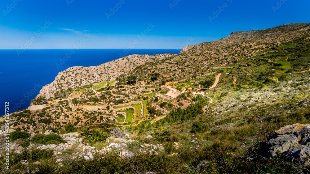 view over the old terraces and ruins of la trapa monastery nearby sant elm in springtime on mallorca, hiking route gr221 ruta de piedra en seco