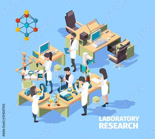 Science people. Laboratorium interior group of scientists doctors nurses working in clinic lab vector isometric characters. Lab science, scientist research laboratory, chemical equipment illustration