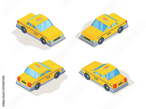Taxi cars. Yellow service vehicles passenger machines isometric various point view vector. Car taxi service, cab yellow to travel transportation city illustration