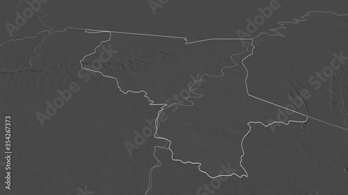Savanes, region with its capital, zoomed and extruded on the bilevel map of Togo in the conformal Stereographic projection. Animation 3D photo