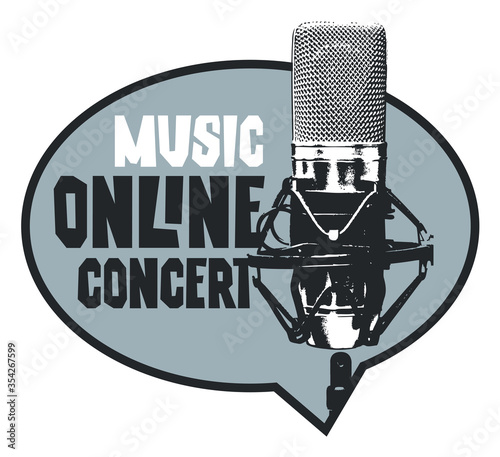 Vector banner in form of speech bubble for an online music concert with a studio microphone in retro style. Suitable for advertisement, poster, flyer, invitation, web page, sticker, design element
