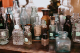 old glass bottles on flea market shop