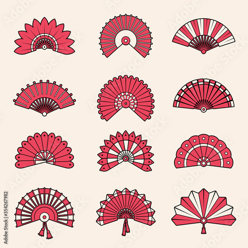 Hand fan. Japanese authentic symbols chinese draw vector beauty shapes. Fan traditional accessory, asian culture chinese, japanese decoration illustration