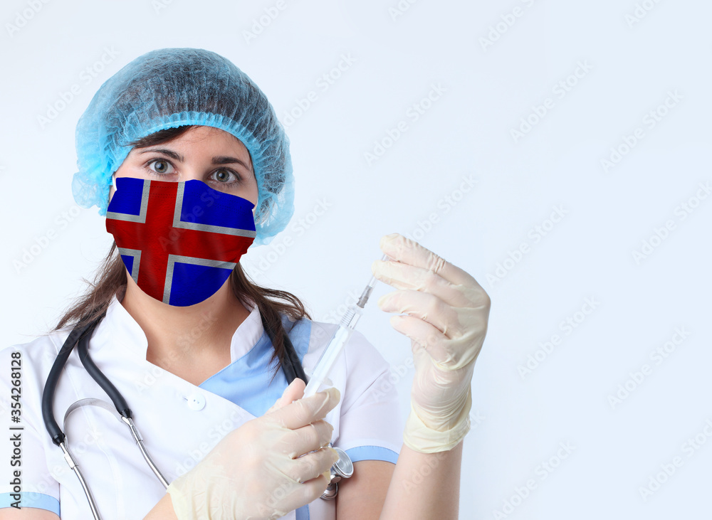 Scientist woman and mask with Iceland flag. Research of viruses in laboratory for prevention of a pandemic in Iceland Scientist woman and mask with Iceland flag. Research of viruses in laboratory for prevention of a pandemic in Iceland