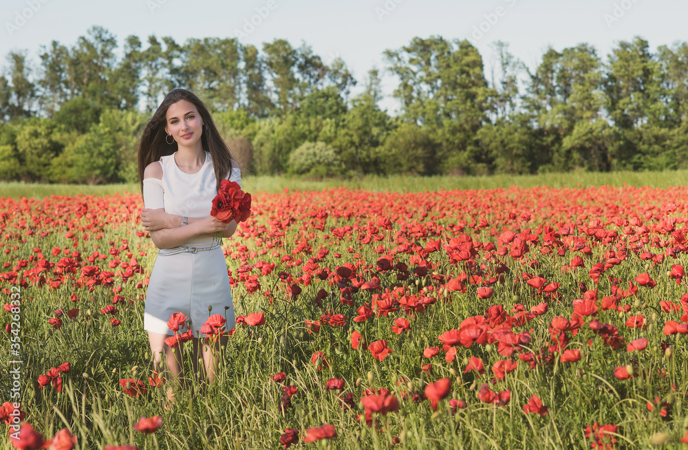 A dark, stylish, slender girl poses against the background of a poppy field with her hair flowing in the wind in the warm rays of the summer sun A dark, stylish, slender girl poses against the background of a poppy field with her hair flowing in the wind in the warm rays of the summer sun