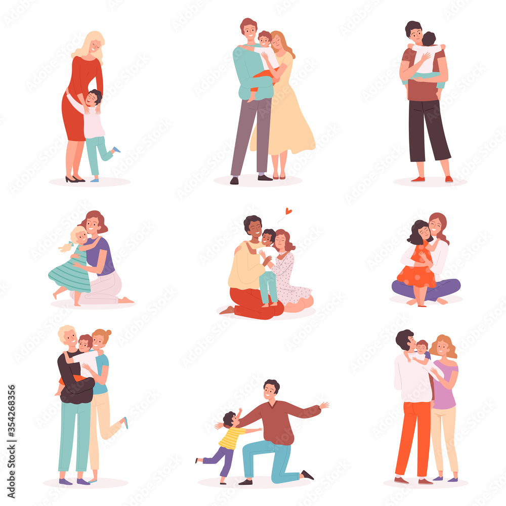 Family embrace. Happy parents hugging smiling kids comforted childhood mother kisses vector cartoon characters. Family hug, cheerful embrace together relationship illustration