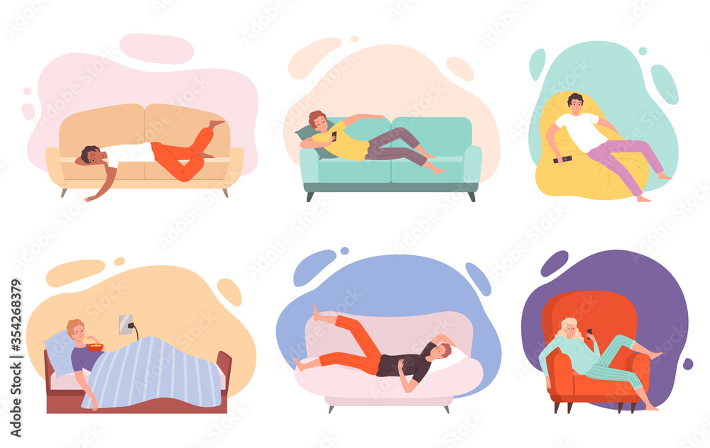 Lazy characters. Laying people on couch or sofa watching tv sleeping eating in bed relaxing persons vector illustrations. Lazy person on couch, sofa relax cartoon