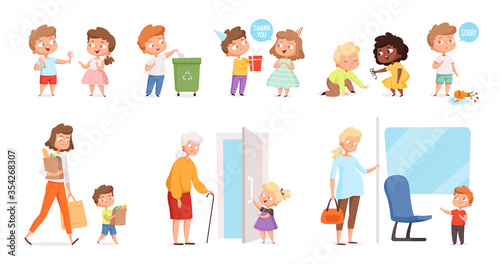 Behaving kids. Childrens with good manners helping to adult and otherness helpful respect vector characters. Manners and obedient, courteous and respectful, interaction politeness illustration photo