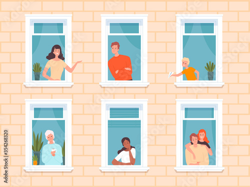 Window people. Happy neighbourhoods characters looking from windows frame in big house standing near walls and curtains. Vector persons happy in apartment, people neighborhood illustration
