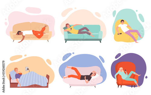Lazy characters. Laying people on couch or sofa watching tv sleeping eating in bed relaxing persons vector illustrations. Lazy person on couch, sofa relax cartoon