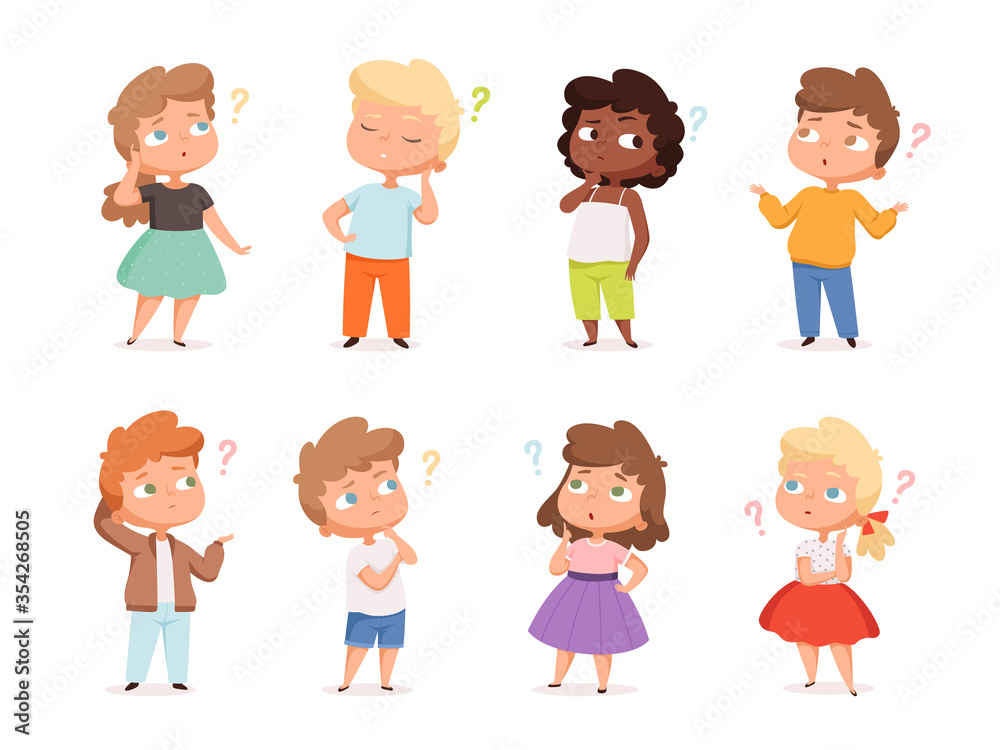Question expression kids. Little genius high iq teenagers with question marks thinking vector illustrations. Child doubt, smart thoughtful about question, confused character Question expression kids. Little genius high iq teenagers with question marks thinking vector illustrations. Child doubt, smart thoughtful about question, confused character