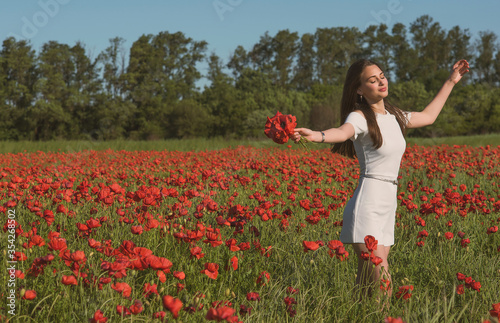 A dark, stylish, slender girl poses against the background of a poppy field with her hair flowing in the wind in the warm rays of the summer sun
