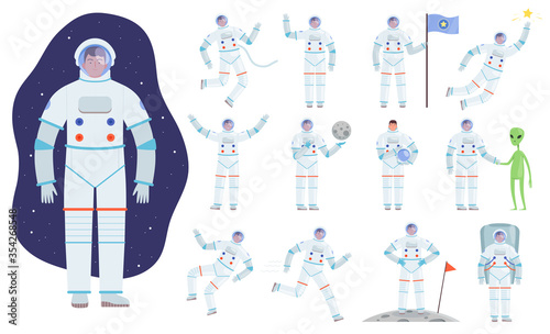 Cosmonaut costume. Professional clothes of astronaut vector flat characters in action poses. Astronaut or cosmonaut in suit, costume spaceman professional illustration