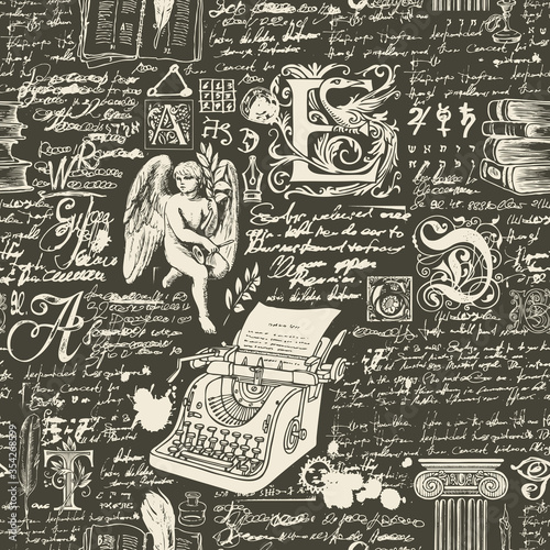 Vector seamless pattern on a literary theme. Abstract background with illegible handwritten notes and hand-drawn typewriter, angel, capital letters. Suitable for wrapping paper, wallpaper, fabric