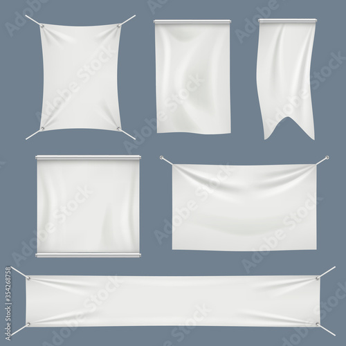 Fabric banners. White textile flag clothes cotton vector realistic empty banners collection isolated. Empty realistic canvas waving rectangle to advertisement illustration