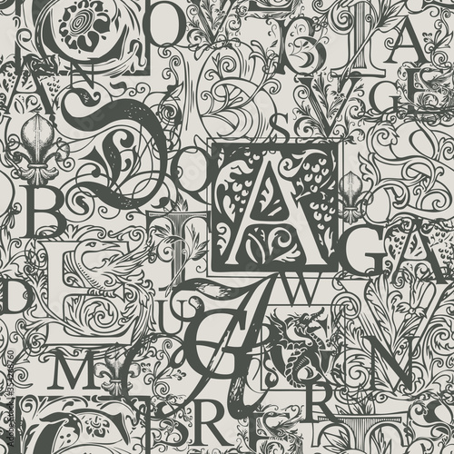 Vector seamless pattern with capital letters and hand-drawn initial letters on a light backdrop. Monochrome background with ornate alphabet letters. Suitable for wallpaper, wrapping paper, fabric