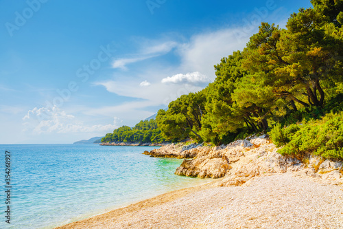 Cozy and wild beach with azure water in luxurious lagoon. Location place Croatia, Dalmatia region, Balkans, Europe. © Leonid Tit