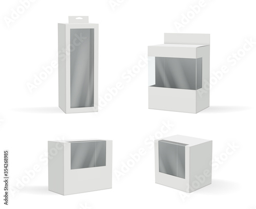 Realistic packages. Gift box mockup with transparent plastic frames white products vector pictures. Box cardboard blank, packaging 3d object illustration