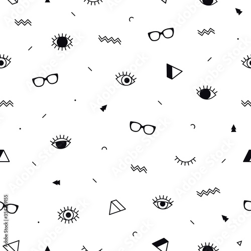 Glasses eyes seamless pattern on white background and geometric shapes in memphis style. Eyeglasses. Vector illustration. Fashion background in minimal design.