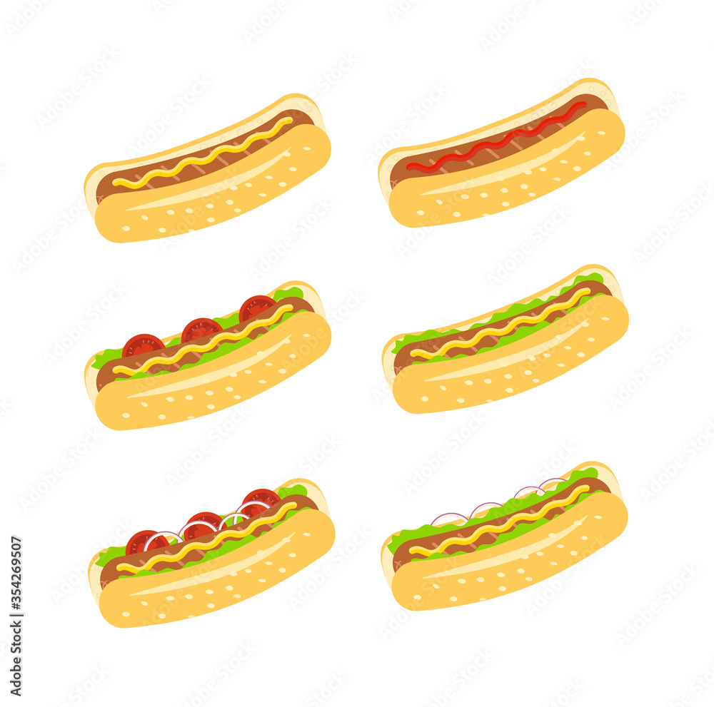 Set of hotdogs with salad, cucumber, tomato, onion, ketchup or mustard. American fast food. Flat vector illustration. Set of hotdogs with salad, cucumber, tomato, onion, ketchup or mustard. American fast food. Flat vector illustration.