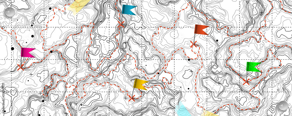 Fototapeta premium Fictional topographic map with pins and paths. Lined conceptual elevation map