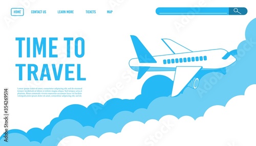 Airplane ticket template or landing page design, banner with flying airliner in sky