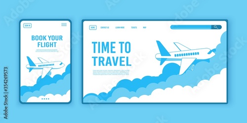 Airplane ticket template or landing page design, banner with flying airliner in sky