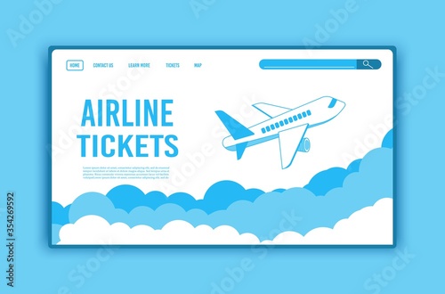 Airplane ticket template or landing page design, banner with flying airliner in sky