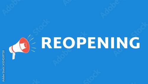 Reopening invitation card with green megaphone. Open sign on front door.