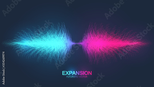 Expansion of life. Colorful explosion background with connected line and dots, wave flow. Visualization Quantum technology. Abstract graphic background explosion, motion burst, vector illustration