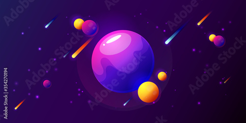 Fantasy colorful art with planets  stars and comets. Cool cosmic background for game or poster design