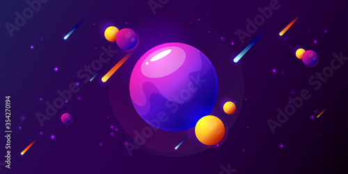 Fantasy colorful art with planets, stars and comets. Cool cosmic background for game or poster design