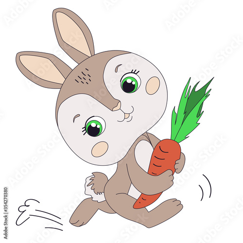 Small lovely rabbit holds giant carrot