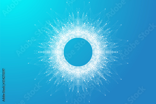 Quantum computer technology concept. Sphere explosion background. Deep learning artificial intelligence. Big data algorithms visualization. Waves flow. Quantum explosion, vector illustration.