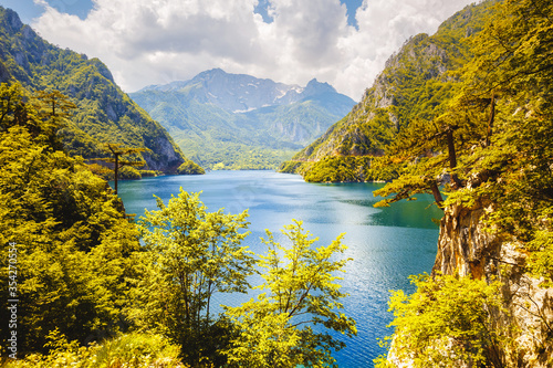 Top view on the great canyon of river Piva. Location place National park Durmitor, Montenegro, Balkans, Europe.