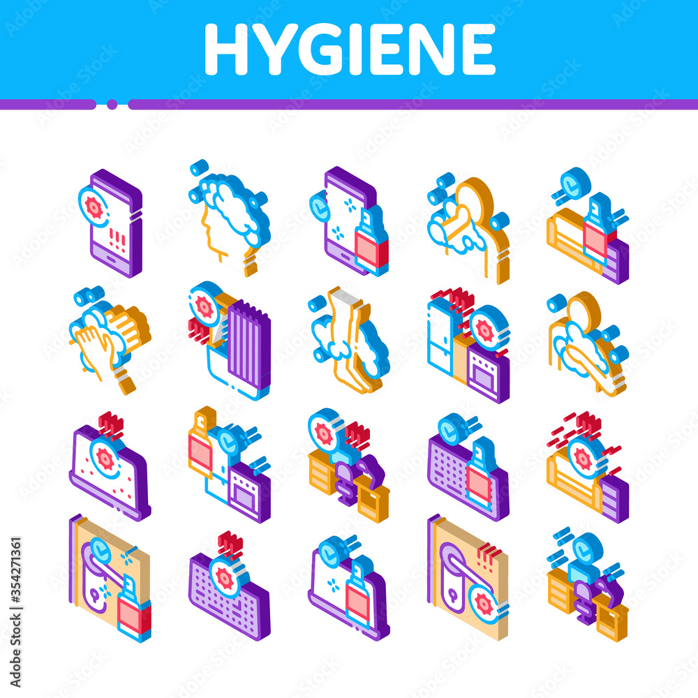 Hygiene And Healthcare Icons Set Vector. Isometric Cleaning Mobile Phone And Handle Sanitized Antiseptic, Wash Hand, Head And Body Hygiene Illustrations