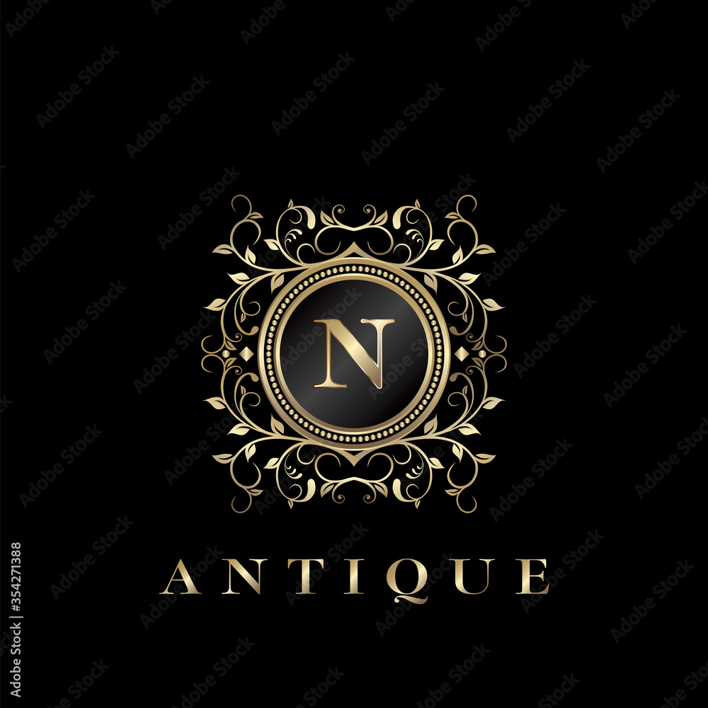 Circle Nature Leaf Luxury Letter N logo. Antique elegance vector design floral ornament on circle frame with gold vintage . Vector logo template, wedding labels and badges Circle Nature Leaf Luxury Letter N logo. Antique elegance vector design floral ornament on circle frame with gold vintage . Vector logo template, wedding labels and badges